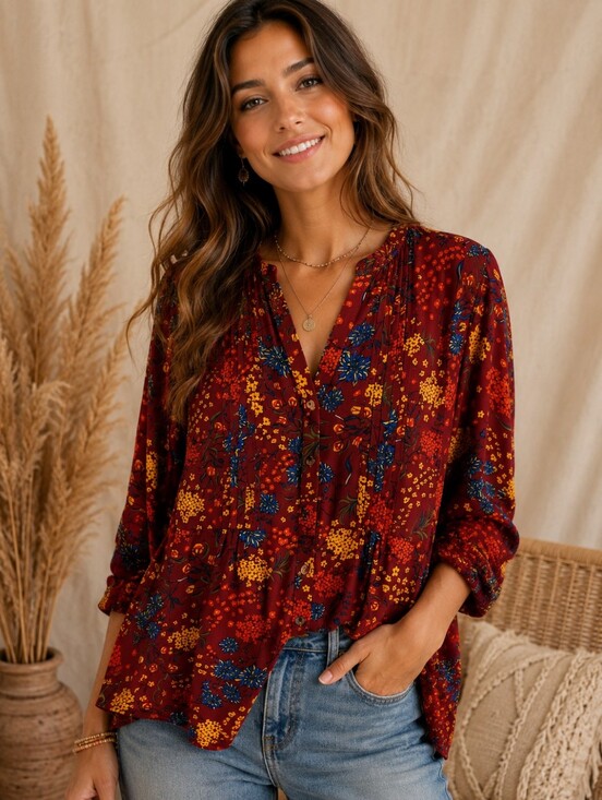Anthropologie Tops - 🌻375.Maeve Boho Floral Button-Front Blouse - Burgundy